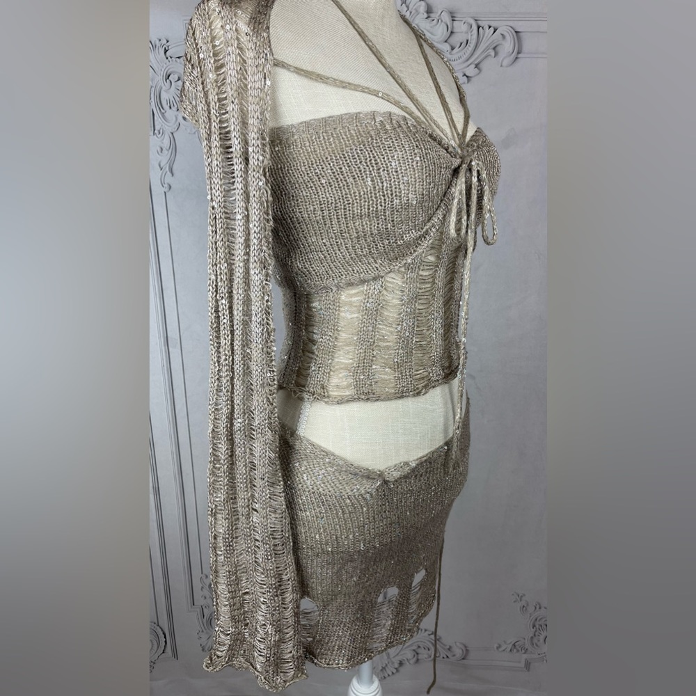Polly Sequin Crochet Three Piece Skirt Sweater Dress Set - Picture 11 of 17